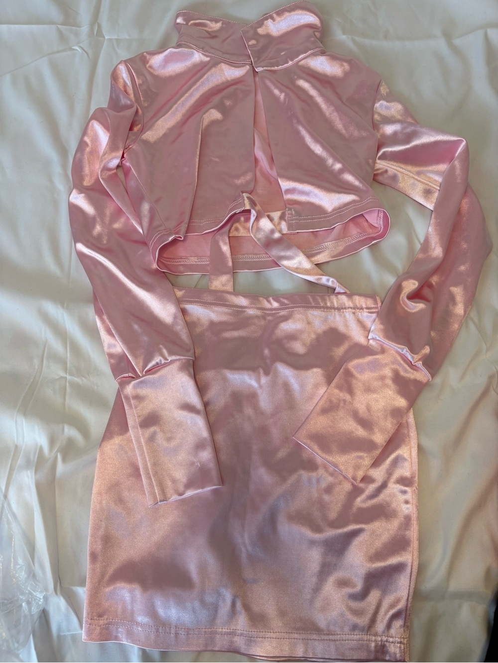 SHEIN Metallic Pink Satin Cropped Top & Mini Skirt Set